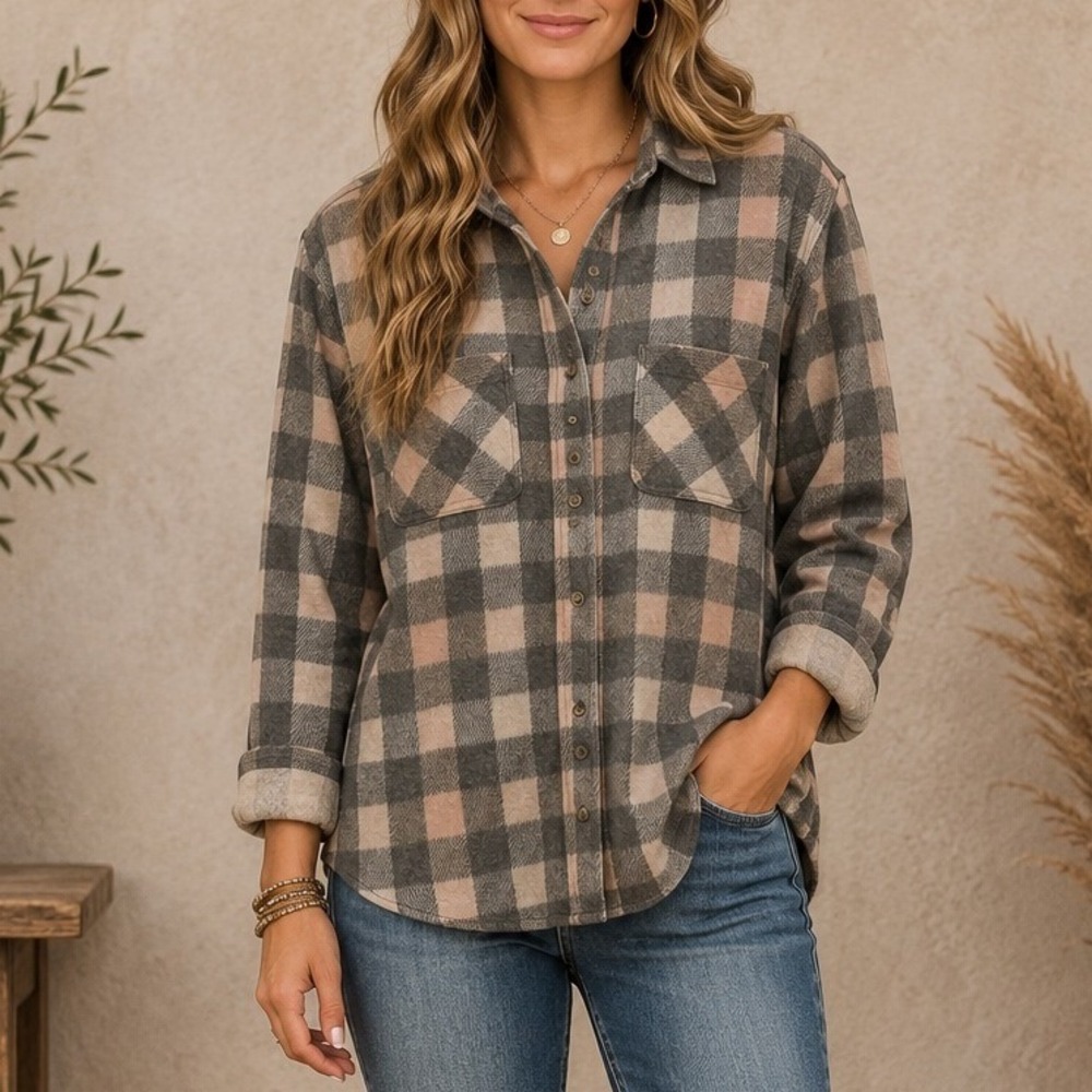 beachlunchlounge Plaid Button Up Shirt Flannel Shacket Cabin Gorpcore Boho Large